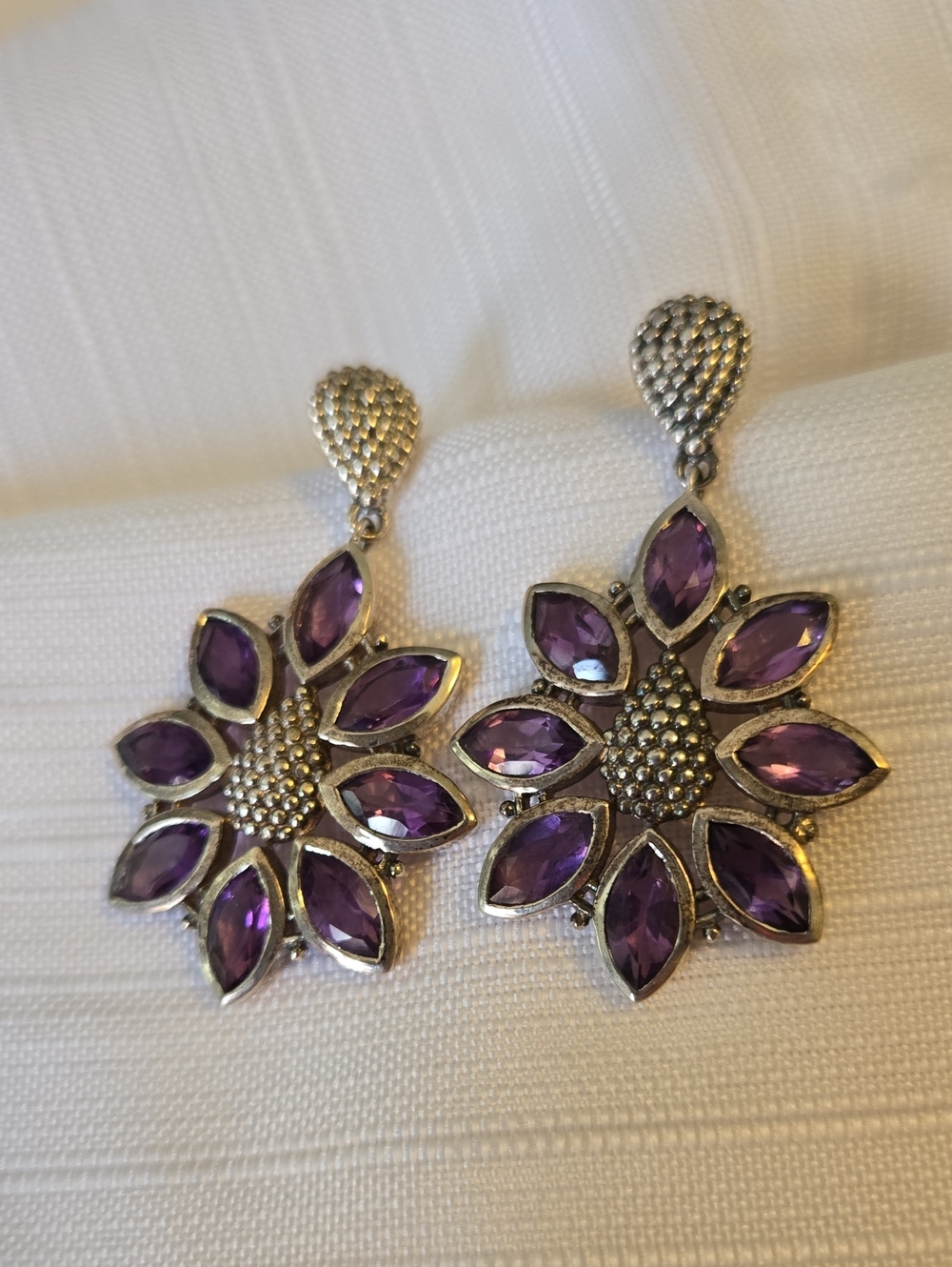Sterling Flower Drop Earrings with Purple Stones